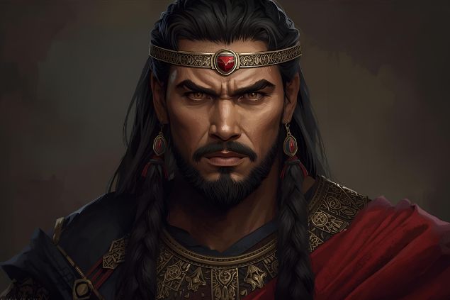 Imagem do Exu Arranca Toco representado com trajes em tons escuros, como preto, vermelho e marrom, cores que simbolizam poder, firmeza e conexão com a terra. Seu semblante reflete seriedade, força e foco. 