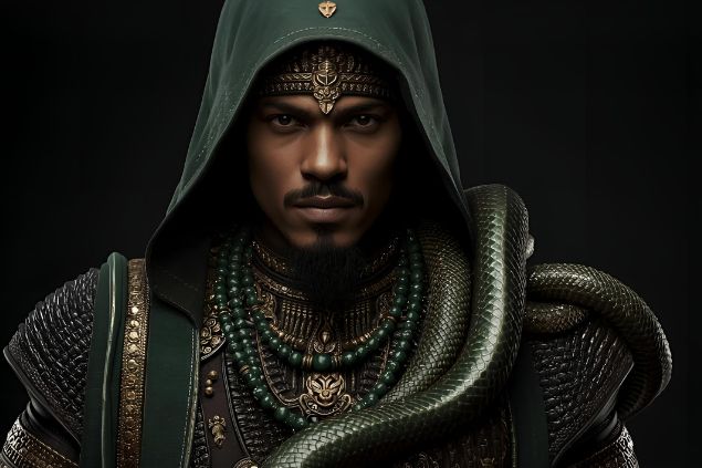 Imagem do Exu Cobra representado com roupas em tons de verde-escuro, preto e dourado. Usa colares com contas verdes e douradas e, em algumas representações, traz uma serpente como símbolo de sua força e domínio sobre a energia vital.