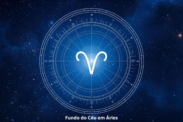 Imagem de uma mandala astrológica com o Glifo de áries ao centro e a palavra fundo do céu em áries