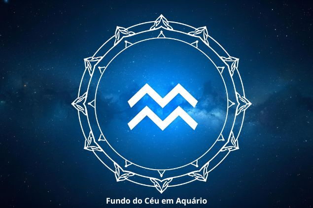 Imagem de uma mandala astrológica com o Glifo de Aquário ao centro e a palavra fundo do céu em Aquário.