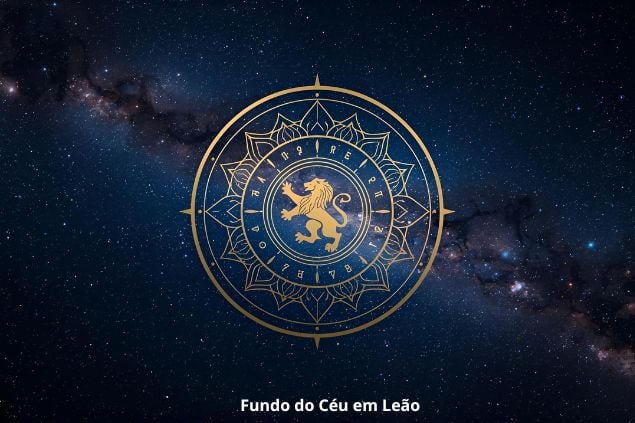Imagem de uma mandala astrológica com o Glifo de Leão ao centro e a palavra fundo do céu em Leão.