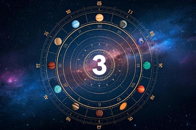 Canva/horoscopovIrtuAl Imagem de uma mandala astrológica com os planetas coloridos, no centro dela o número 3 e de fundo o universo.