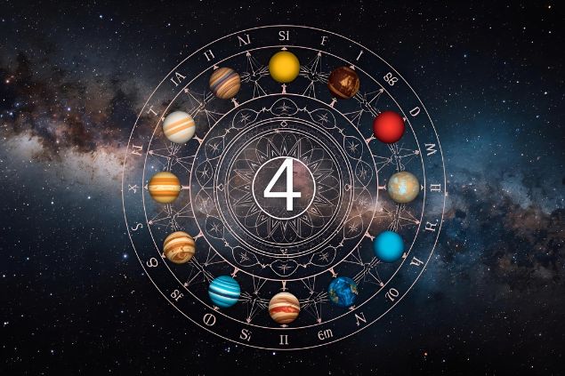 Canva/horoscopovIrtuAl Imagem de uma mandala astrológica com os planetas coloridos, no centro dela o número 4 e de fundo o universo.