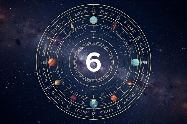 Canva/horoscopovIrtuAl Imagem de uma mandala astrológica com os planetas coloridos, no centro dela o número 6 e de fundo o universo.
