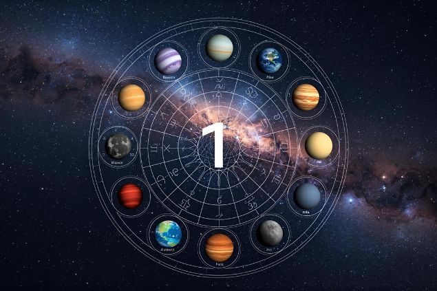 Canva/horoscopovIrtuAl Imagem de uma mandala astrológica com os planetas coloridos, no centro dela o número 1 e de fundo o universo.
