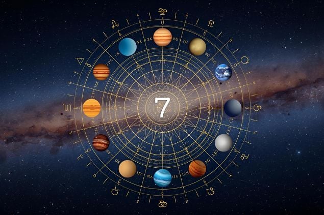 Canva/horoscopovIrtuAl Imagem de uma mandala astrológica com os planetas coloridos, no centro dela o número 7 e de fundo o universo.