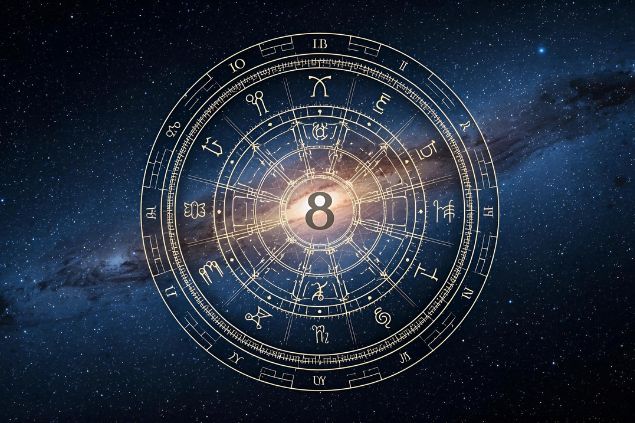 Canva/horoscopovIrtuAl Imagem de uma mandala astrológica com os glifos dos 12 signos e no centro dela o número 8