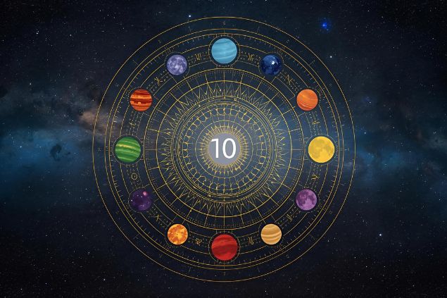 Canva/horoscopovIrtuAl Imagem de uma mandala astrológica com os planetas coloridos, no centro dela o número 10 e de fundo o universo.