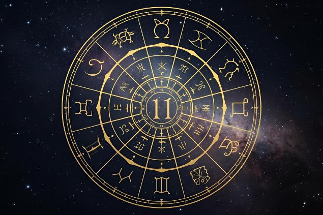Canva/horoscopovIrtuAl crie uma Imagem de uma mandala astrológica com os glifos dos 12 signos e no centro dela o número 11 e o fundo com o universo