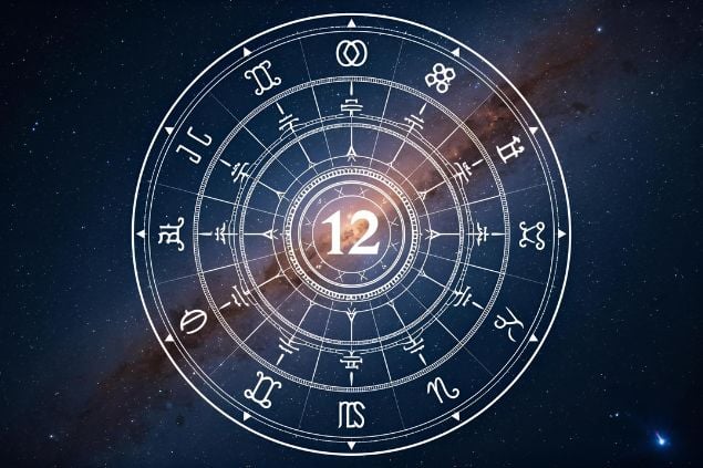 Canva/horoscopovIrtuAl Imagem de uma mandala astrológica com os glifos dos 12 signos e no centro dela o número 12 e o fundo com o universo