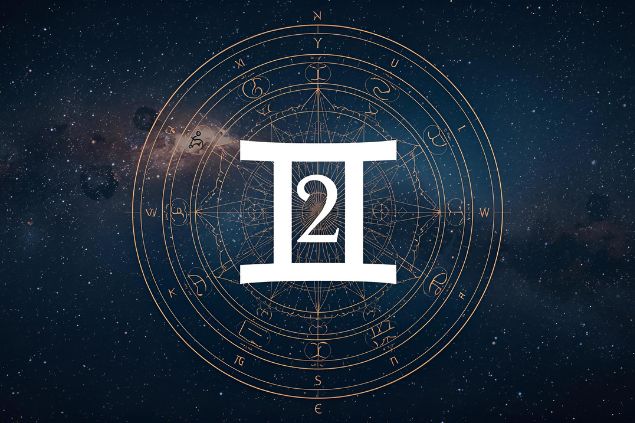 Canva/horoscopovIrtuAl imagem do glifo de gêmeos com o número 2 no centro de uma mandala astrológica com fundo do universo.