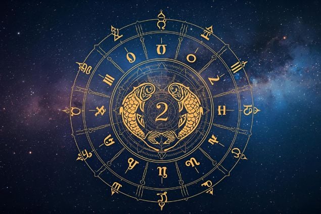 Canva/horoscopovIrtuAl Imagem do glifo de peixes com o número 2 no centro de uma mandala astrológica com fundo do universo.