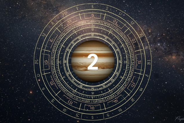 Canva/horoscopovIrtuAl Imagem de Júpiter dentro de uma mandala astrológica com o número 2 no centro da mandala. O fundo da imagem deve ter o universo.