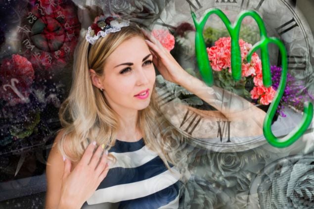 Imagem de uma mulher e ao lado o glifo do signo de virgem.