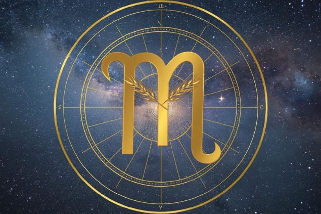 Glifo do signo de virgem dentro de uma mandala astrológica e ao fundo o universo.