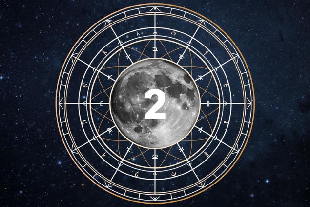 Imagem da Lua dentro de uma mandala astrológica com o número 2 no centro da mandala. O fundo da imagem deve ter o universo.