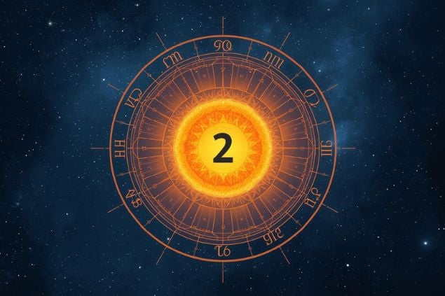 Canva/horoscopovIrtuAl Imagem do Sol dentro de uma mandala astrológica com o número 2 no centro da mandala. O fundo da imagem deve ter o universo.
