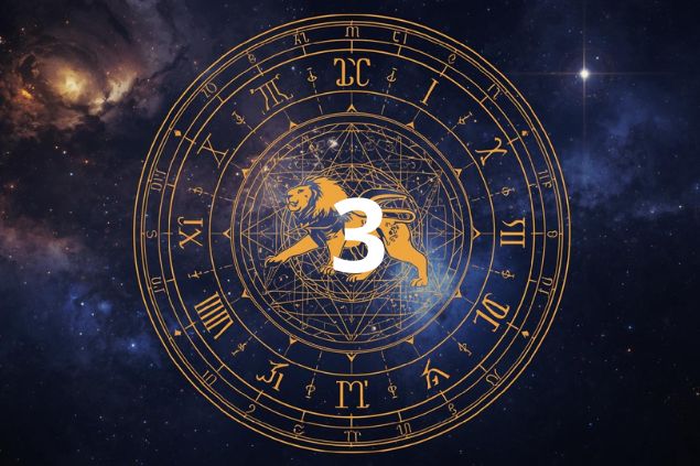 Imagem do glifo de leão junto com o número 3 posicionados no centro de uma mandala astrológica com fundo do universo.