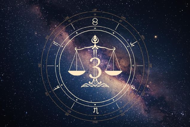 Canva/horoscopovIrtuAl Imagem do glifo de libra junto com o número 3 posicionados no centro de uma mandala astrológica com fundo do universo.