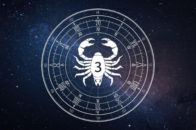 Imagem do glifo de escorpião junto com o número 3 posicionados no centro de uma mandala astrológica com fundo do universo.