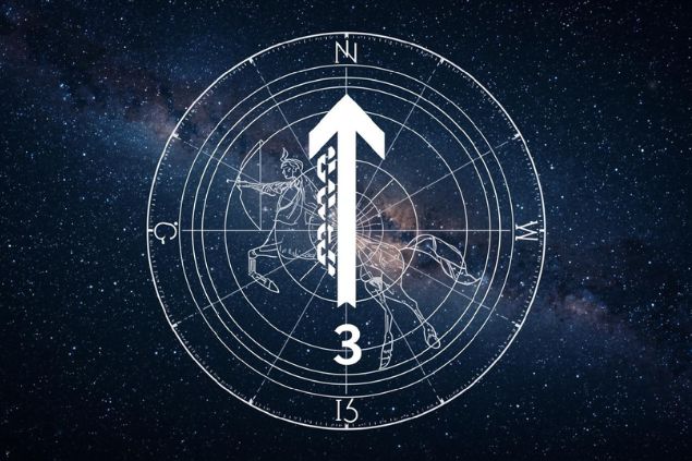 Canva/horoscopovIrtuAl Imagem do glifo de sagitário que é uma flecha apontando para cima, junto com o número 3 posicionados no centro de uma mandala astrológica com fundo do universo.