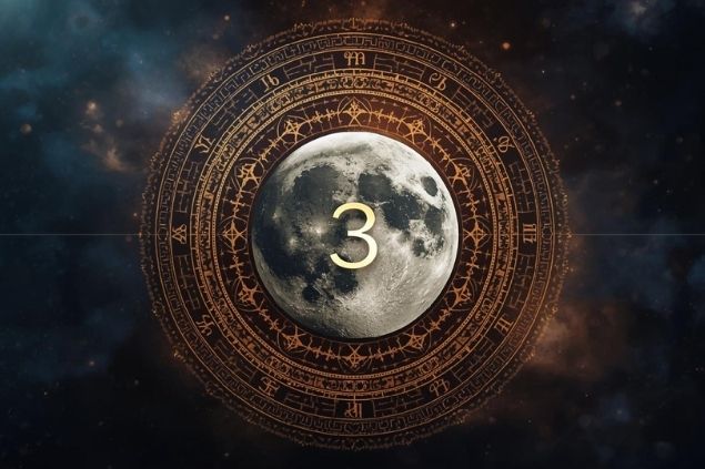 Canva/horoscopovIrtuAl Imagem da Lua dentro de uma mandala astrológica com o número 3 no centro.