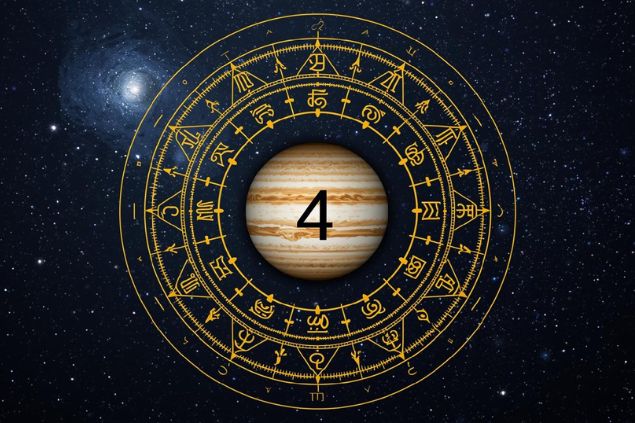 Imagem de Júpiter dentro de uma mandala astrológica com o número 4 no centro.