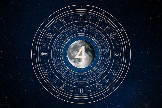 Imagem da Lua dentro de uma mandala astrológica com o número 4 no centro.