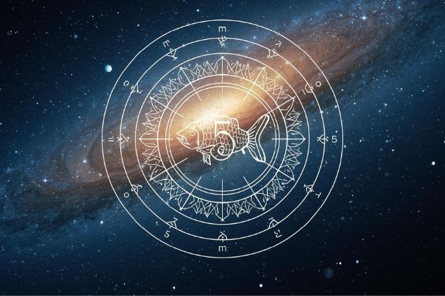 Canva/horoscopovIrtuAl Imagem do glifo de peixes junto com o número 5 no centro de uma mandala astrológica com fundo do universo.