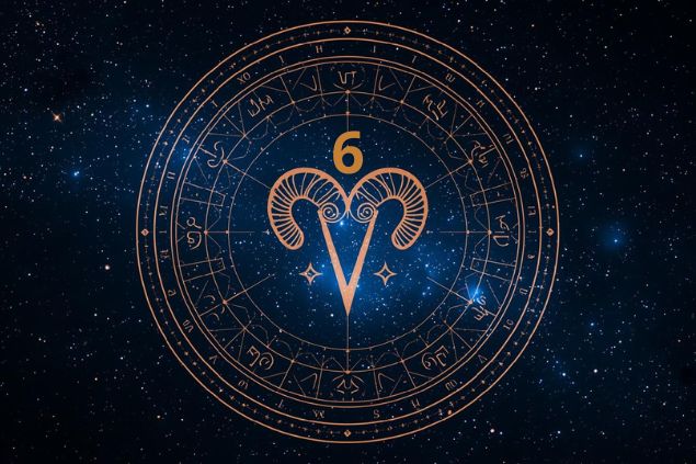 Canva/horoscopovIrtuAl Imagem de uma mandala astrológica com o glifo de áries junto com o número 6 posicionados no centro.