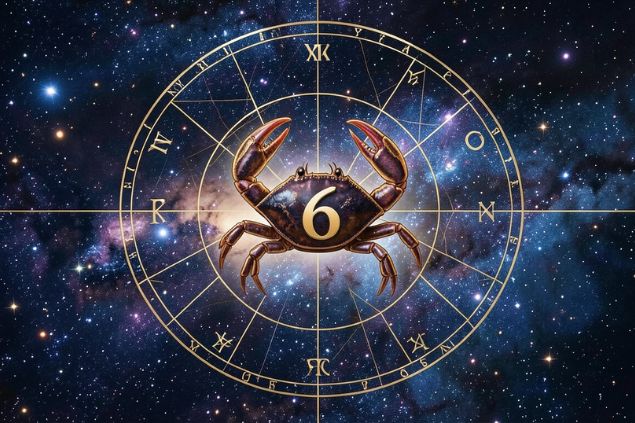 Canva/horoscopovIrtuAl Imagem do glifo de câncer junto com o número 6 posicionados no centro de uma mandala astrológica com fundo do universo.