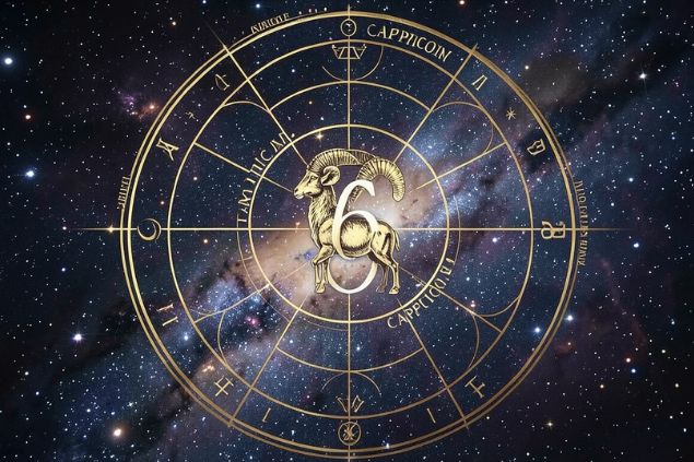 Imagem do glifo de capricórnio junto com o número 6 no centro de uma mandala astrológica com fundo do universo.