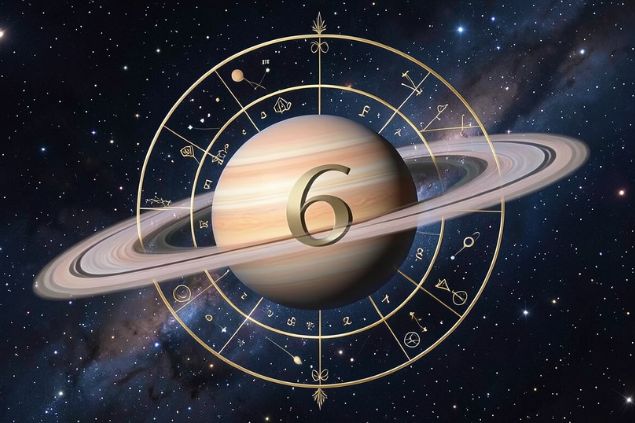 Imagem de Saturno em uma mandala astrológica com o número 6 no centro.