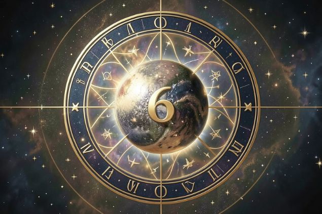 Imagem de Mercúrio dentro de uma mandala astrológica com o número 6 no centro.