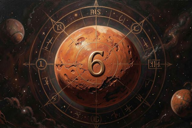 Imagem de Marte dentro de uma mandala astrológica com o número 6 no centro.