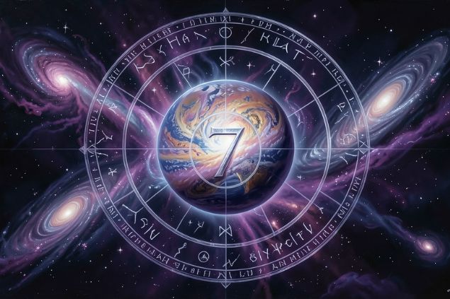 Imagem de Lilith dentro de uma mandala astrológica com o número 7 no centro.