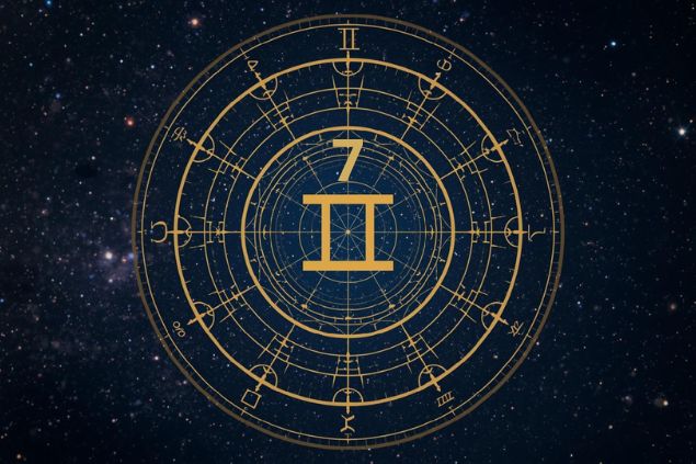 Imagem de uma mandala astrológica com o glifo de gêmeos junto com o número 7 posicionados no centro. 