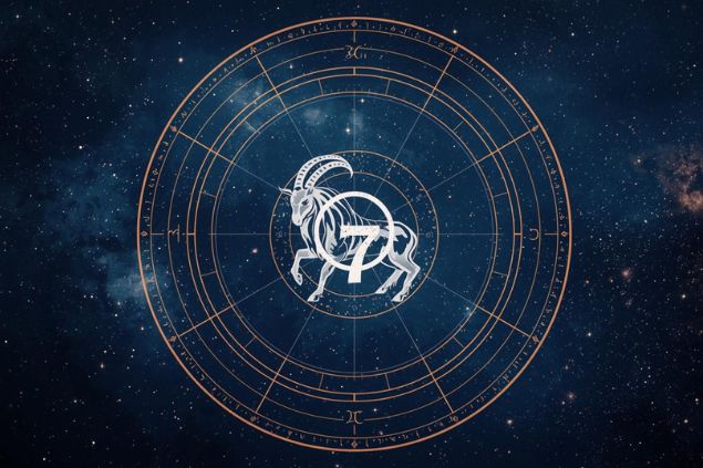 Imagem do glifo de capricórnio junto com o número 7 no centro de uma mandala astrológica com fundo do universo.