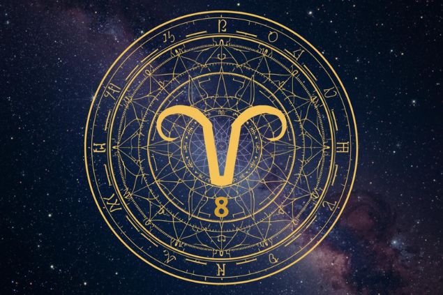 Imagem do glifo de touro e o número 8 no centro de uma mandala astrológica com fundo do universo.