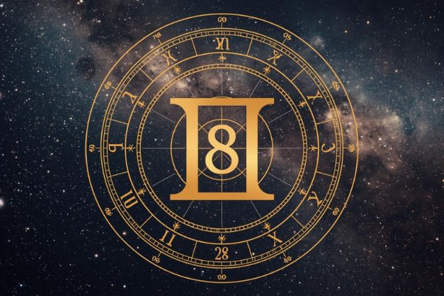 Imagem do glifo de gêmeos com o número 8 no centro de uma mandala astrológica com fundo do universo.