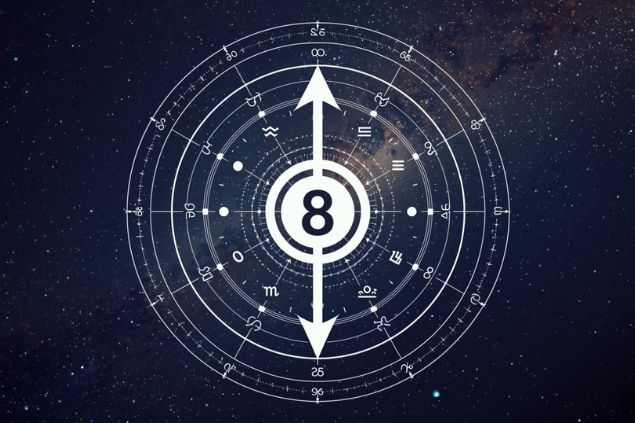 Imagem do glifo de sagitário que tem uma flecha junto com o número 8 no centro de uma mandala astrológica com fundo do universo.