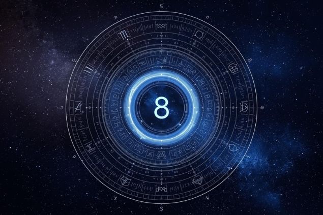 Imagem de Urano dentro de uma mandala astrológica com o número 8 no centro.
