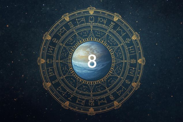 Imagem de Netuno dentro de uma mandala astrológica com o número 8 no centro.