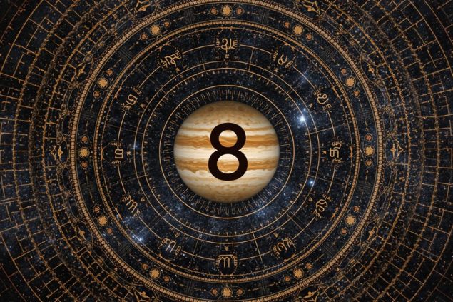 Imagem de Júpiter dentro de uma mandala astrológica com o número 8 no centro.