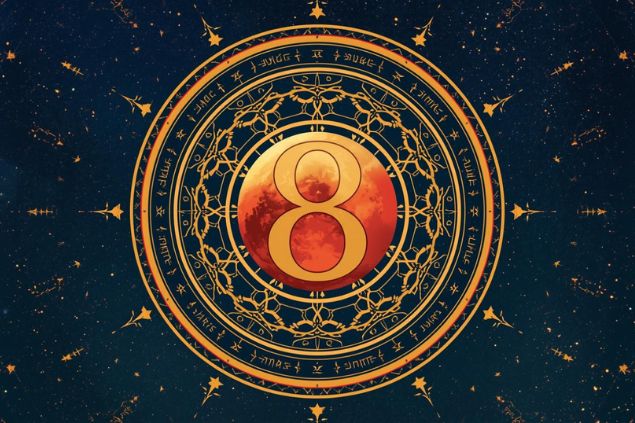 Imagem de Marte dentro de uma mandala astrológica com o número 8 no centro.