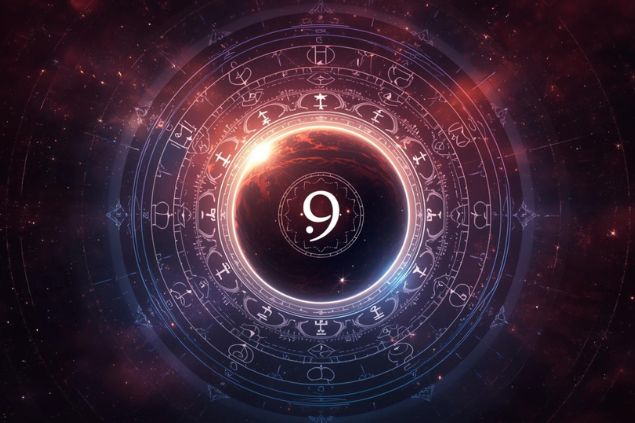 Imagem de Lilith dentro de uma mandala astrológica com o número 9 no centro.