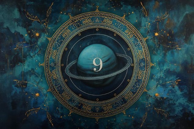 Imagem de Urano dentro de uma mandala astrológica com o número 9 no centro.