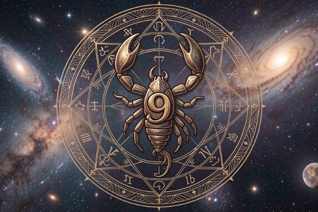 Imagem do glifo de escorpião junto com o número 9 posicionados no centro de uma mandala astrológica com fundo do universo.