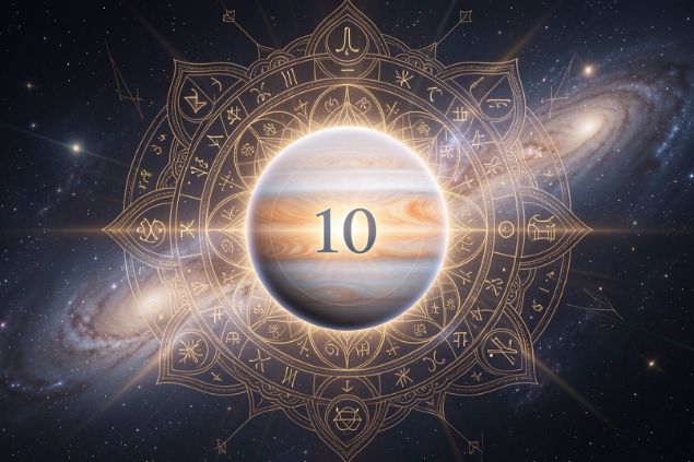 Imagem de Urano dentro de uma mandala astrológica com o número 10 no centro