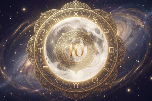 Imagem da Lua dentro de uma mandala astrológica com o número 10 no centro